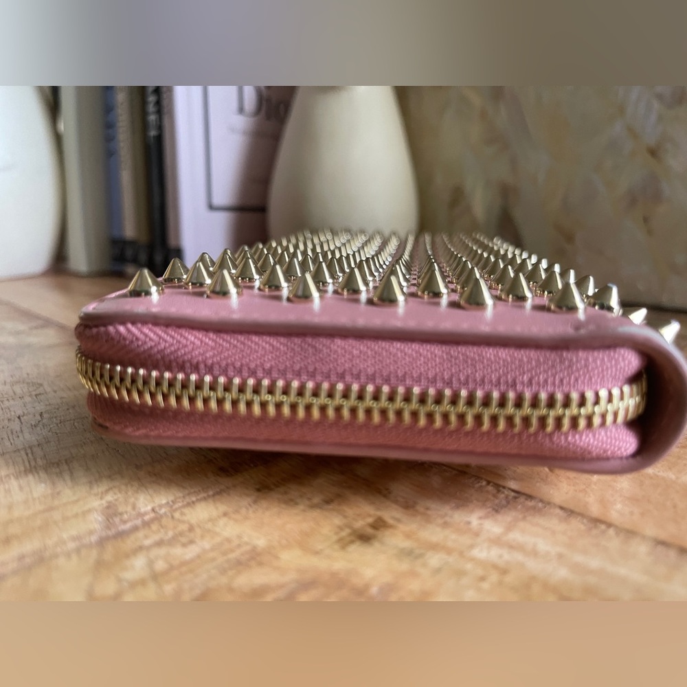 CHRISTIAN LOUBOUTIN zippy long wallet gold panettone spikes rose pink leather - Picture 6 of 14